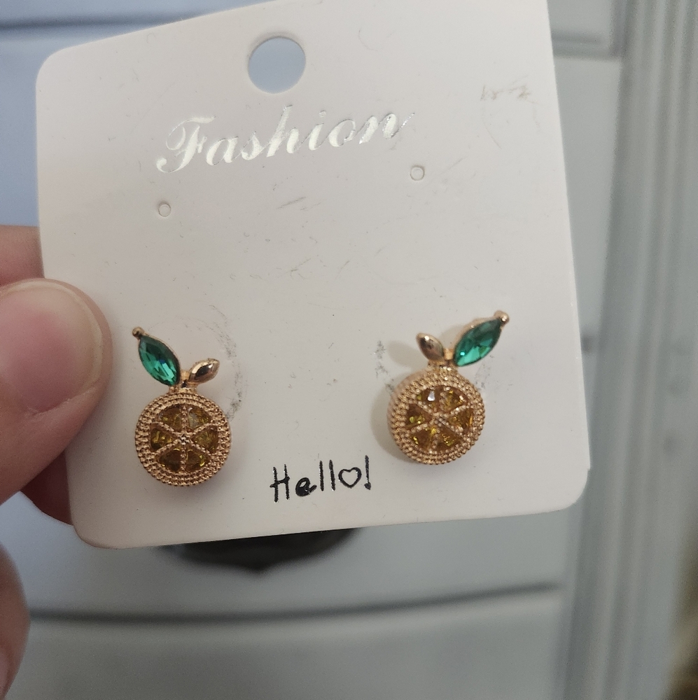 Citrus Lemon Slice Fruit Gold and Green Fashion Earrings